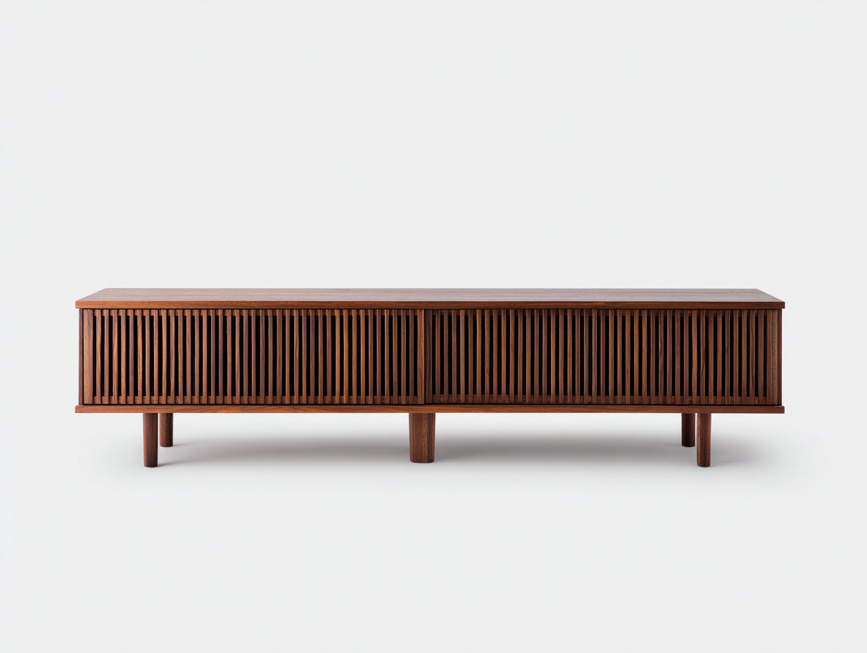 Lowboard aus Walnussholz 220×45×58 cm – Dunkelbraun – 2 Lamellentüren fürs Wohnzimmer