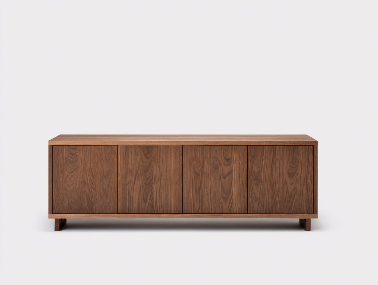 Lowboard 182 × 43 × 58 cm aus Walnussholz – Dunkelbraun – 4 grifflose Türen mit vertikaler Maserung