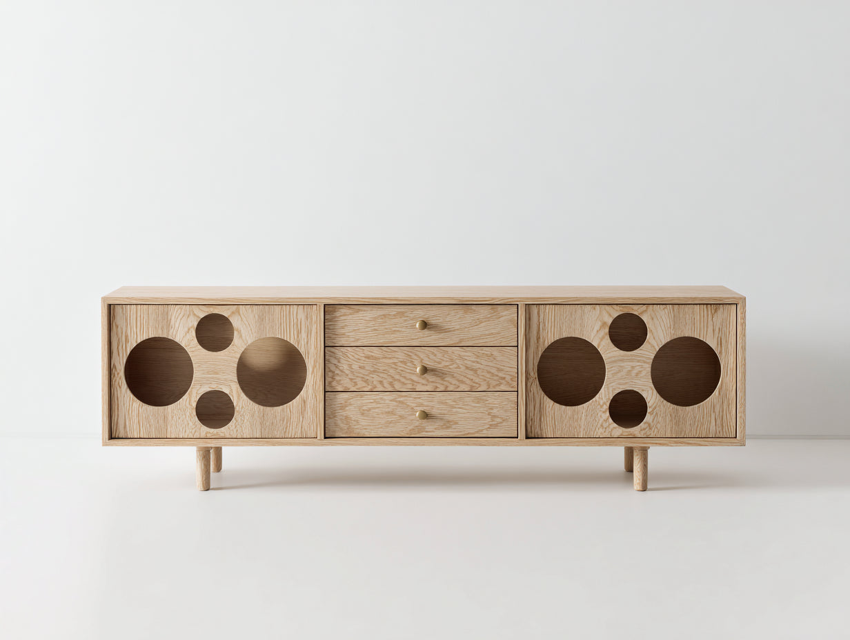 Lowboard - Holz - 180×42×58 cm - Naturholz - Wohnzimmer mit grafischer Kreisfront