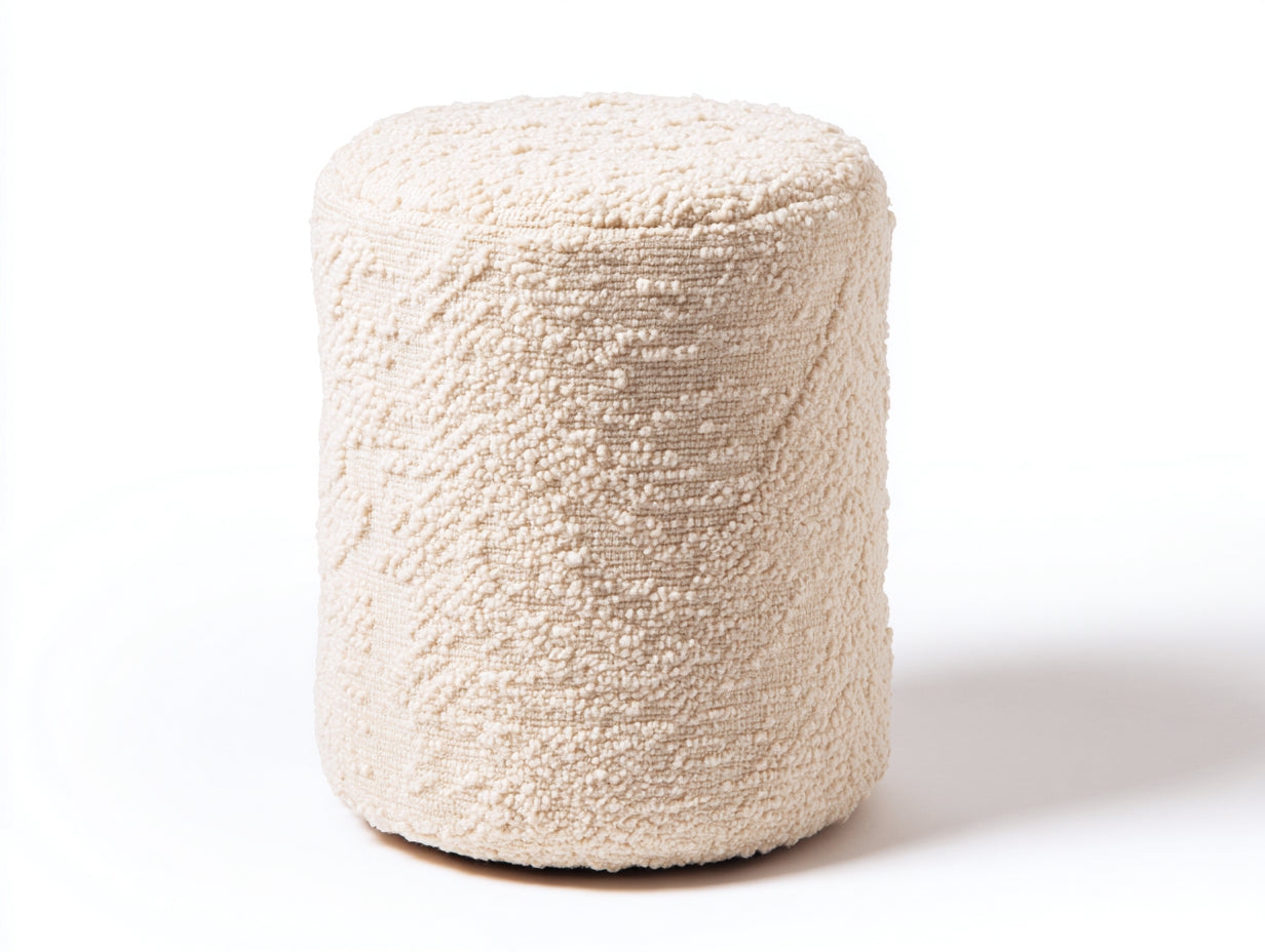 Polsterhocker mit Strukturstoff 42×42×47 cm – Elfenbein – kompakte Zylinderform fürs Schlafzimmer