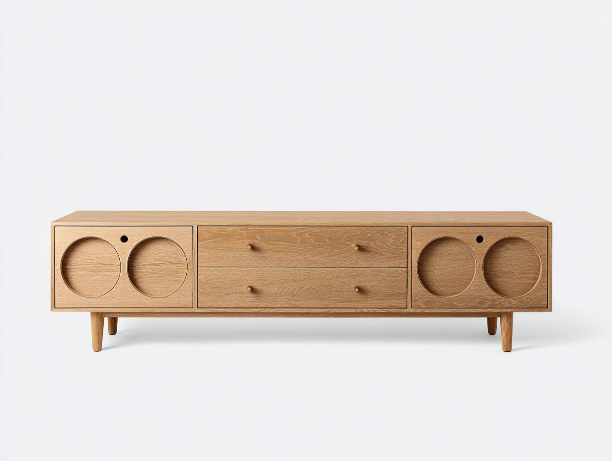 Lowboard aus Eichenholz 180×42×60 cm – Naturholz – 2 Türen und 2 Schubladen fürs Wohnzimmer